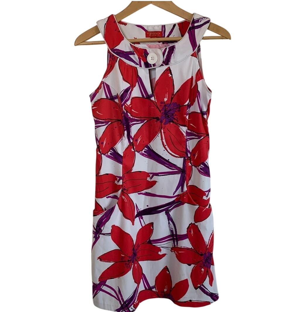 Red Floral Halter Shift Sheath Dress Sz 4 Wedding Summer Resort Party Stretch
